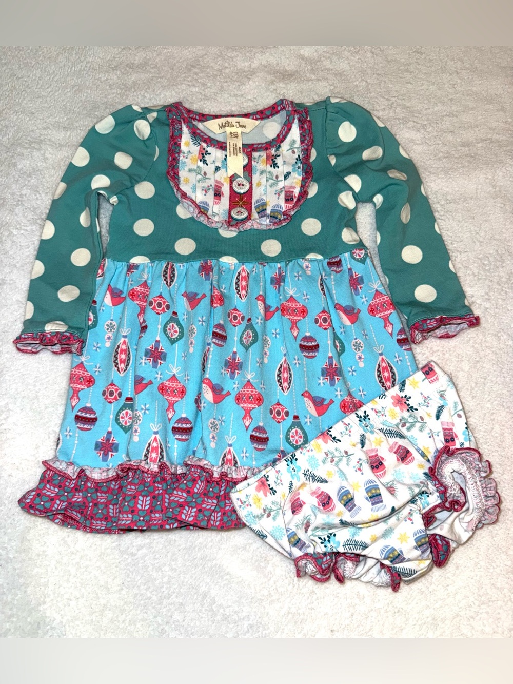 Matilda Jane Stained Glass" holiday dress set with matching bloomers, size 3-6 m